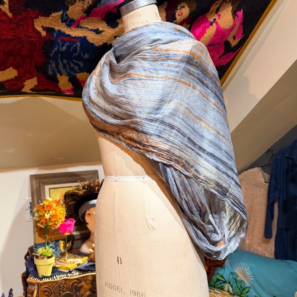Lua 100% Silk Infinity Scarf Crinkled Abstract‎ Stripe Blue Orange Grey Vietnam